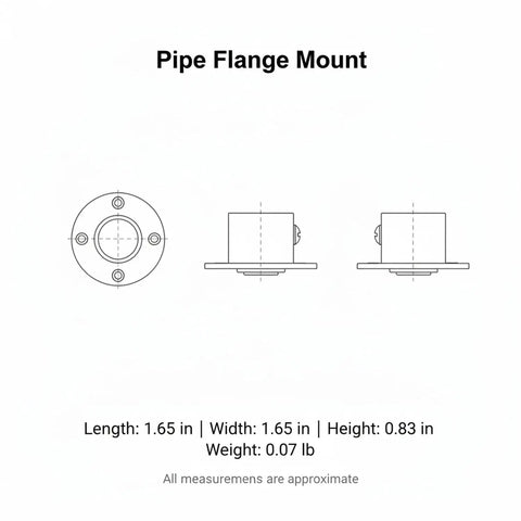 Diagram of Pipe Flange Mount For Industrial Furniture DIY Black Stainless Steel Bracket with side and top view dimensions.