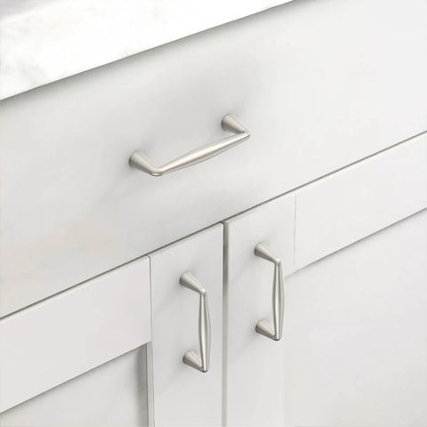 Heavy Duty Brushed Satin Nickel Cabinet Pulls Set on white cabinet drawers, 3 inch (76mm) solid zinc alloy handles.