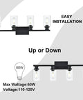 Industrial Indoor Four Light Bathroom Vanity Light In Black With Clear Glass Shades showing front and back view, installation info