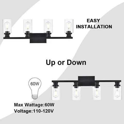 Industrial Indoor Four Light Bathroom Vanity Light In Black With Clear Glass Shades showing front and back view, installation info