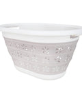 Collapsible Laundry Basket With Handles, Small Taupe White Pop Open Waterproof Plastic Bin with floral pattern.