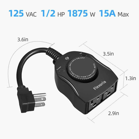 Outdoor Timer Outlet With Dusk To Dawn Sensor, Waterproof Weatherproof Power Timer With Dual Grounded Outlets, 15A 1875W, ETL Listed.
