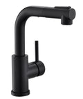 Modern Bar Sink Faucet With Pull Out Sprayer, matte black, single handle, joystick control, side view, standard 1.8 inch hole