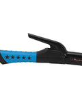 Welding electrode holder with insulated blue handle and black clamp, side view