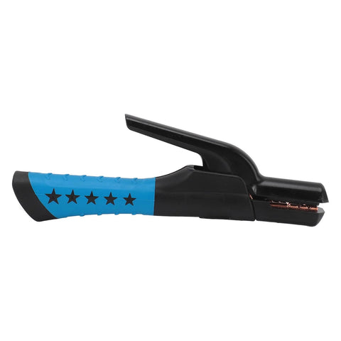 Welding electrode holder with insulated blue handle and black clamp, side view