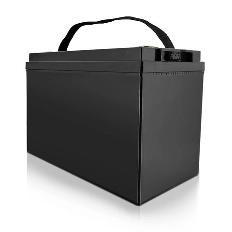 Built Tough 12V 100Ah Lithium Battery Case For LiFePO4 18650 26650 32700 Cells, durable black ABS housing with handle.