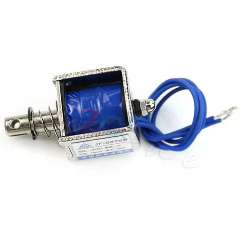 12V 2A Open Frame Solenoid Reset Electromagnet With 10mm Push Pull Stroke For Vending And Textile Machines DC Magnetic Actuator Open Coil Design Built In Mounting Board Heavy Duty DIY Friendly Plug And Play Ready, blue wire