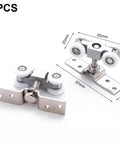 Slick Four Wheel Metal Sliding Track Pocket Door Roller Kit with hanger ball bearing pulleys, front and side view.