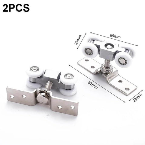 Slick Four Wheel Metal Sliding Track Pocket Door Roller Kit with hanger ball bearing pulleys, front and side view.