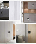 2 Pack Heavy Duty Stainless Steel Flip Latches Lockable Bolt Latch installed on cabinets, wardrobes, and a pet gate, matte black.