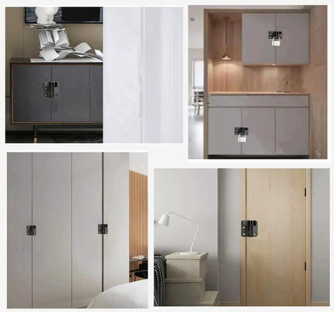 2 Pack Heavy Duty Stainless Steel Flip Latches Lockable Bolt Latch installed on cabinets, wardrobes, and a pet gate, matte black.