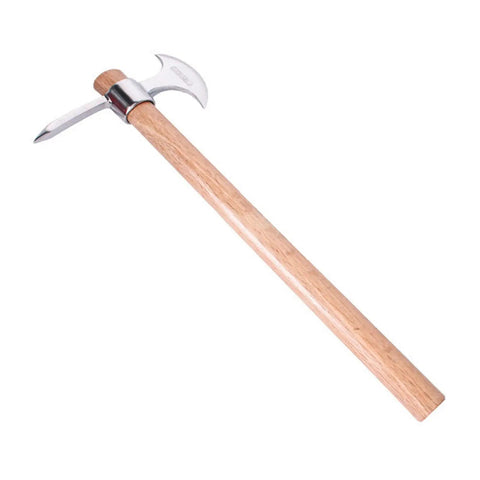 Stainless Steel Garden Pickaxe Tool For Digging And Soil Cultivation with wooden handle, shown on white background.