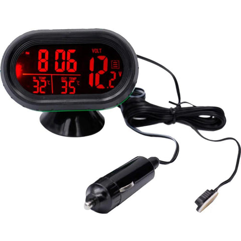 Car LCD digital clock and voltmeter gauge, 12–24V, black housing with red backlit display and cigarette lighter plug