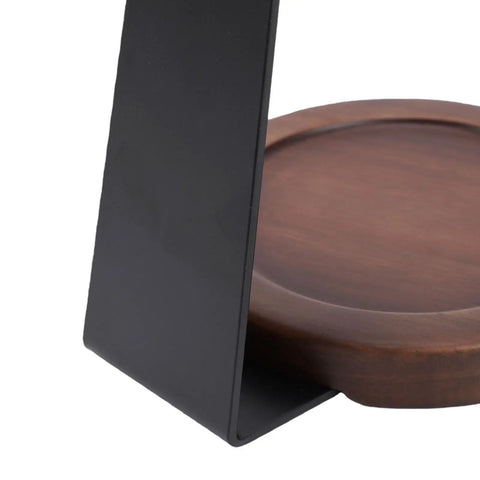 Close-up of Premium Pour Over Coffee Dripper Stand Built With Heat Proof Aluminum And A Weighted Solid Wood Base.