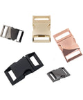 Assorted color buckles, including a rose gold 5/8 in quick-release Paracord Buckle Set Six Pack Quick Release 5/8 Inch Buckles For Nylon Straps Belts Backpacks Webbing Pet Collars Sewing Accessories.