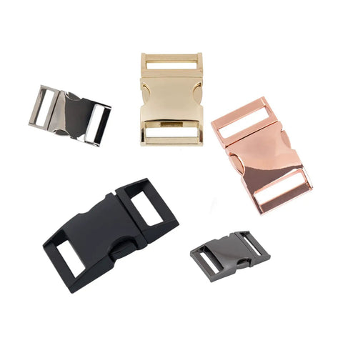 Assorted color buckles, including a rose gold 5/8 in quick-release Paracord Buckle Set Six Pack Quick Release 5/8 Inch Buckles For Nylon Straps Belts Backpacks Webbing Pet Collars Sewing Accessories.