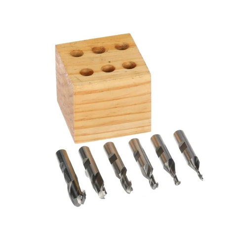HHIP 2-flute M2 ball-nose end mill set, HSS, 6-pc, 1/8–1/2 in, with wooden storage block front view