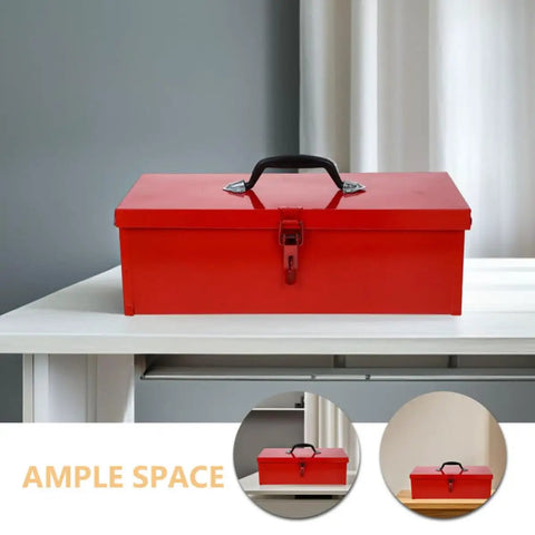 Slick Red Metal Toolbox Chest With Reinforced Carry Handle For Portable Gear Storage And Heavy Duty Tool Organization on a table.