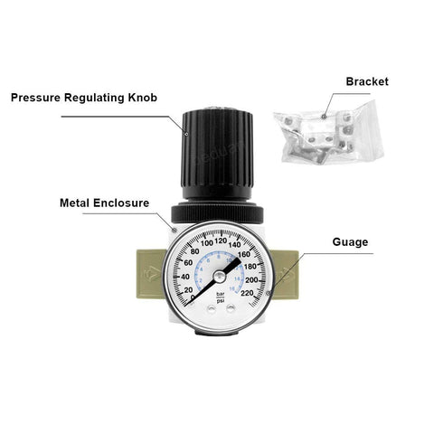 1/4 NPT Air Pressure Regulator With Gauge And Bracket For Pneumatic Tool Systems, Precise 0-180 PSI Adjustable Control