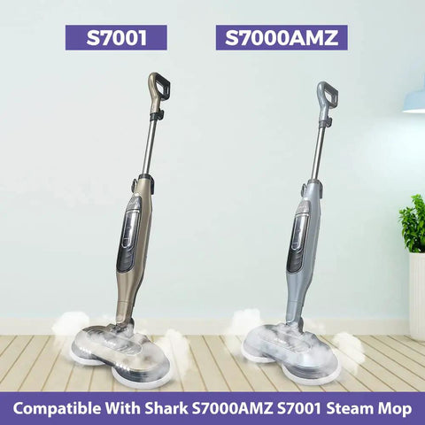 Replacement Steam Mop Pads For S7000 Series displayed on S7000AMZ and S7001 steam mops, showing cleaning power on hard floor.