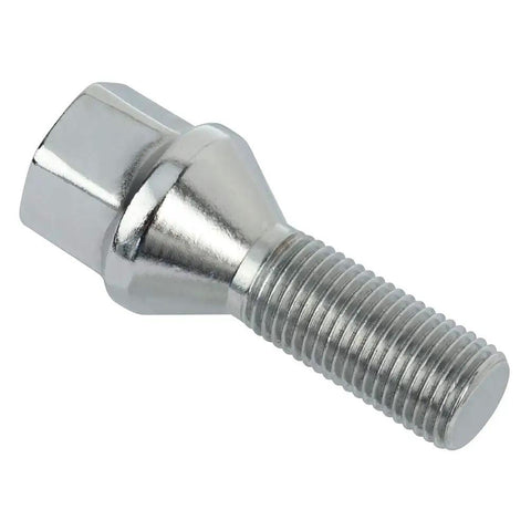 Close-up of a silver 12x1.25 Wheel Lug Nut with 28mm shank for Jeep Compass, Cherokee, and similar models.