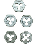 Pro-Grade 12-Piece Machine Screw And Fractional Tap And Die Set with NC and NF threads, close-up of heat-treated hardened steel dies.