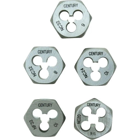 Pro-Grade 12-Piece Machine Screw And Fractional Tap And Die Set with NC and NF threads, close-up of heat-treated hardened steel dies.