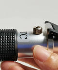 Dual Scale Brix Refractometer With ATC For Specific Gravity And Brix Readings Hydrometer Kit For Wine Making Beer Brewing And Homebrew DIYers For Serious Hobbyists And Pros Alike, silver chrome body close-up