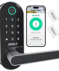 Smart Door Lock With Built In WiFi And Fingerprint, Handle And Keypad, Remote Access And Auto Lock, Keyless Entry For Home And Airbnb, Six In One Unlock Code Card App Key, Works With Alexa And Google shown with smartphone app and RFID cards.
