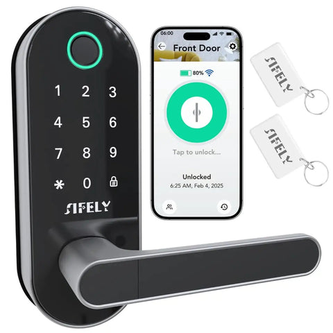 Smart Door Lock With Built In WiFi And Fingerprint, Handle And Keypad, Remote Access And Auto Lock, Keyless Entry For Home And Airbnb, Six In One Unlock Code Card App Key, Works With Alexa And Google shown with smartphone app and RFID cards.