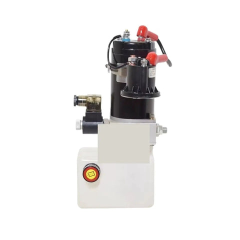 Compact 12 Volt 24 Volt DC 1.5 Liter Hydraulic Power Unit with a black motor and white reservoir for electric stacker systems.