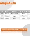 Fitment chart for Front Wheel Hub Bearing Assembly Fits 2008-2013 Nissan Rogue, 2014-2015 Nissan Rogue Select, 2007-2012 Sentra SE-R