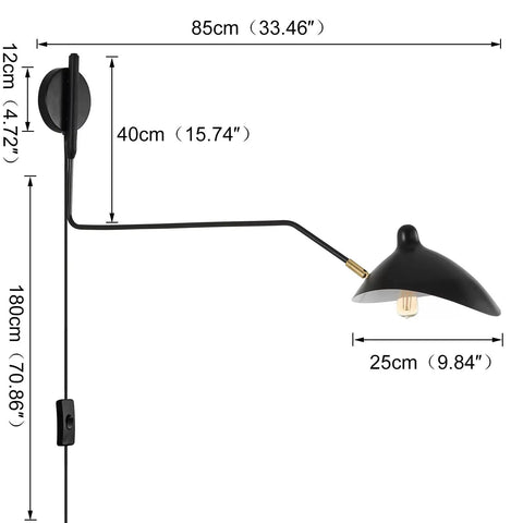 Industrial Black Plug In Swing Arm Wall Sconce With Adjustable Shade And E26 Socket On Off Switch Indoor Reading Light dimensions