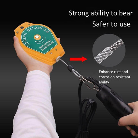 Retractable Spring Balancer for Tools, 3 to 5 kg (6.6 to 11 lbs), with fixture holder and fittings, held by a hand showing cable detail.