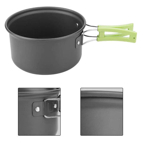 8 Piece Portable Camping Cookware Set for Outdoor On The Go Cooking with lightweight aluminum pot and green foldable handles.
