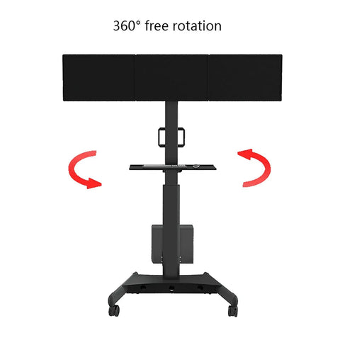 Heavy Duty Triple Monitor Rolling Cart With Flexible Arms And Integrated Keyboard Tray For A Beefy Workspace Setup showing 360° free rotation.