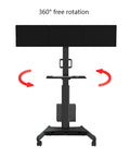 Triple Monitor Mobile Cart With Adjustable Arms And Keyboard Tray Floor Standing Screen Riser showing 360° free rotation feature.