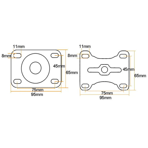 Heavy Duty Swivel Caster Wheels Equipped With Reinforced Steel Plates Built Like A Tank To Haul Up To Four Hundred Fifty Kg Loads Smooth Rolling Action Perfect For Shop Carts And Industrial Racks Set Of Four base plate dimensions and layout for mounting.