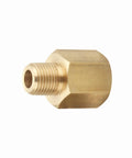 Brass adapter 1/8 inch NPT male to 1/4 inch NPT female, part of a 5-pack, showing deep threads for tight seal on water, air, gas, oil lines