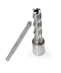 Two metal drill components: annular cutter with Weldon shank and a matching steel drill shank