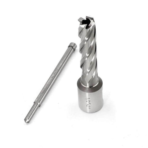 Two metal drill components: annular cutter with Weldon shank and a matching steel drill shank