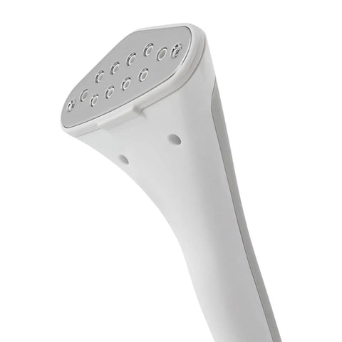 Effortless Standing Garment Steamer With Ironing Board, Adjustable Height, 1.4L Water Tank, steam nozzle close-up, white
