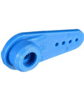 Close-up of one blue 23T servo arm for JR RC cars and micro servos, single arm design, plastic with 3mm holes, fits JR servo motors