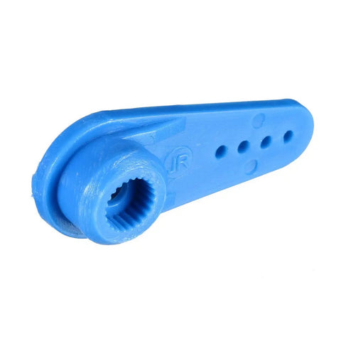 Close-up of one blue 23T servo arm for JR RC cars and micro servos, single arm design, plastic with 3mm holes, fits JR servo motors