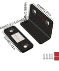 Dimensions of Ultra Thin Magnetic Door Catch With Strong Adhesive No Drill Install, including screws and adhesive pads.