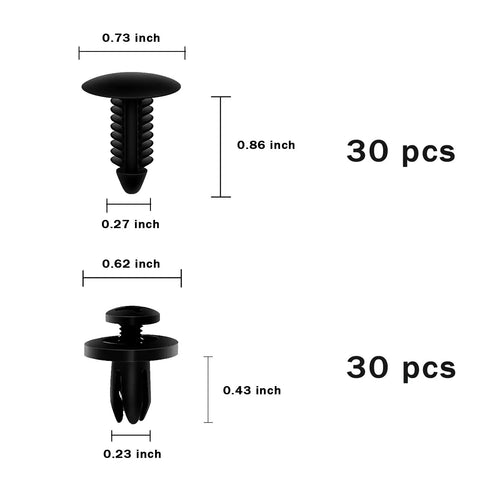 Close-up view of 30 pcs of All In One Car Retainer Clips Kit 200 Pieces Plastic Fasteners Set for Auto Body Panels with sizes labeled.