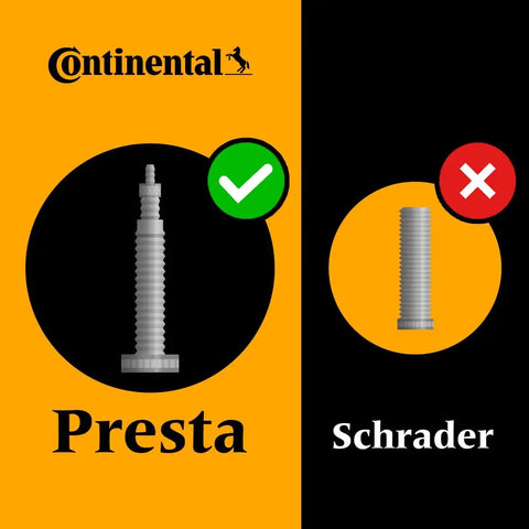 Comparison of Presta and Schrader valves with Continental logo. Left: Presta valve, right: Schrader valve. Checkmark for Presta.