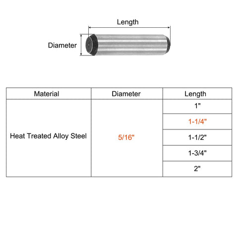 Dimensions chart for Beefy 5/16 Inch By 1-1/4 Inch Dowel Pins In Heat-Treated Alloy Steel, with diameter and length details.