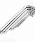 Professtional 9-Piece Ball End Hex Key Wrench Set Made With Chrome Vanadium Steel For Mechanics And Engineers Featuring Ergonomic Grip And Rock Solid Durability To Get Any Tough DIY Job Done Without Rounding Screws Or Hitting Limits In The Shop. 9-piece chrome vanadium steel ball end hex key wrench set on white background