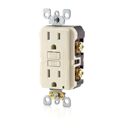 Self Test GFCI Tamper Resistant Receptacle With LED Indicator Light 15 Amp Slim 3 Pack GFTR1 3T Light Almond front view